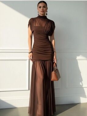 Zara Brown Draped Sheer Maxi Dress